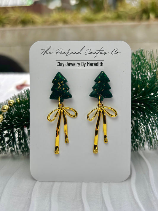 Green Tree and Gold Bow Dangle