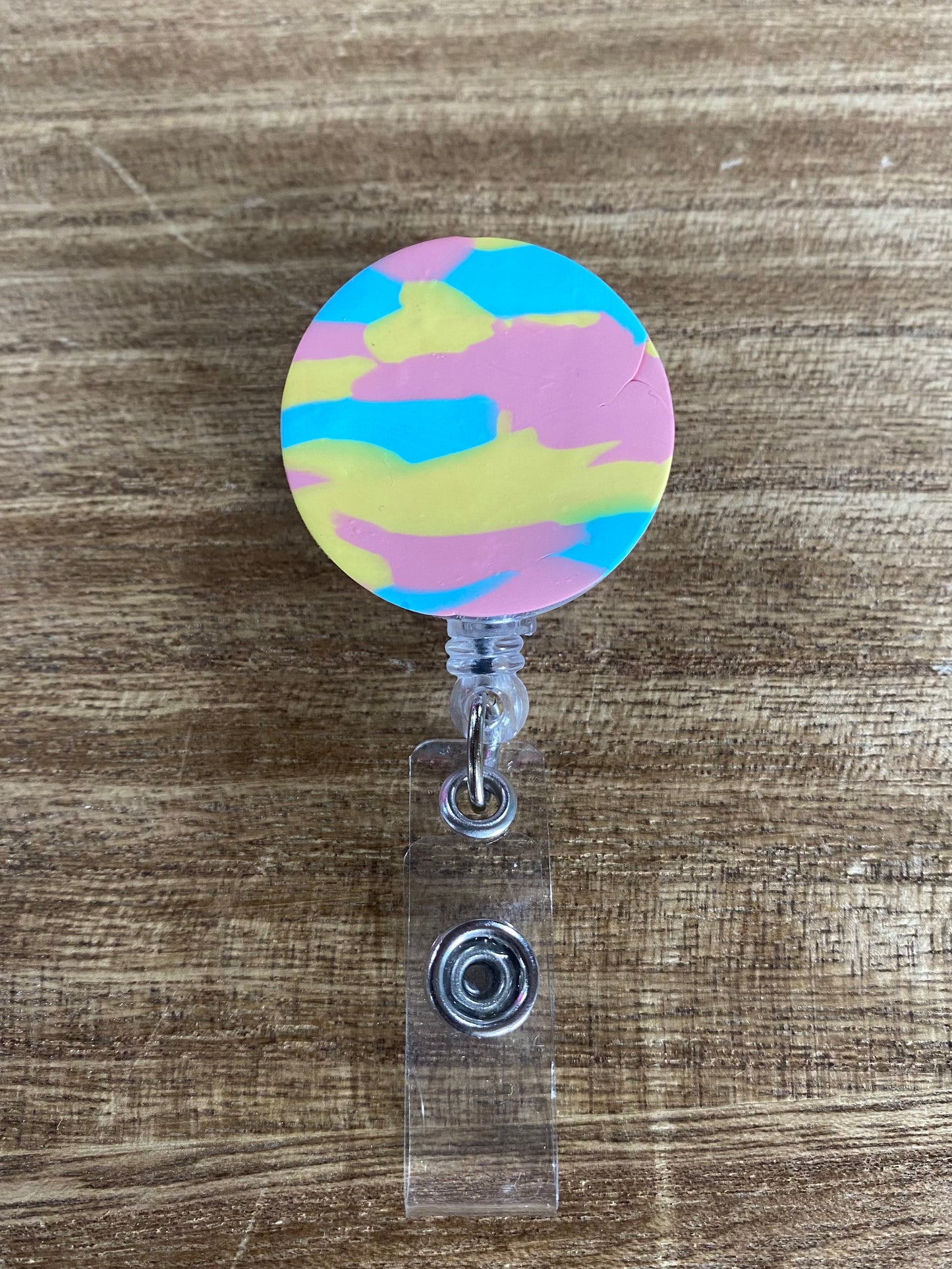 Teal, Yellow & Pink Clay Badge Reel