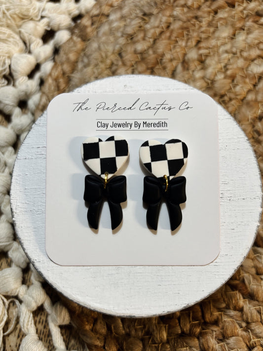 Black Checkered Heart & Bow Dangle