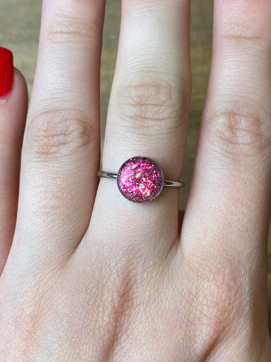 Pink Glittered Clay Adjustable Ring | Large Silver