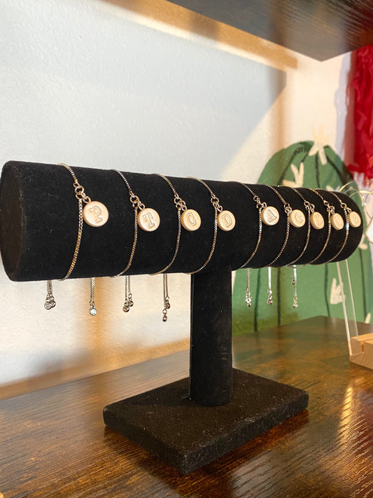 Dainty Silver Pearl Initial Adjustable Bracelet