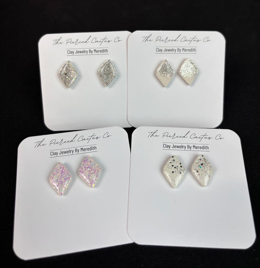 Glittered Glossed White Diamond Shaped Studs