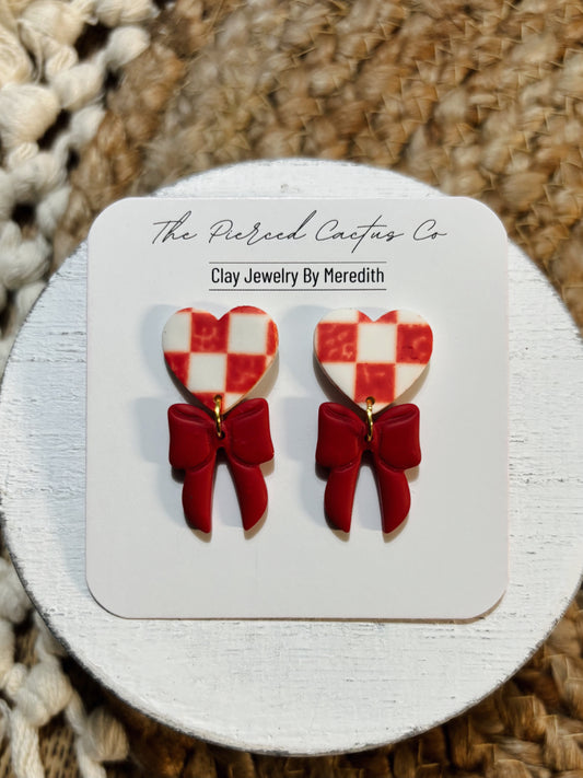 Red Checkered Heart & Bow Dangle