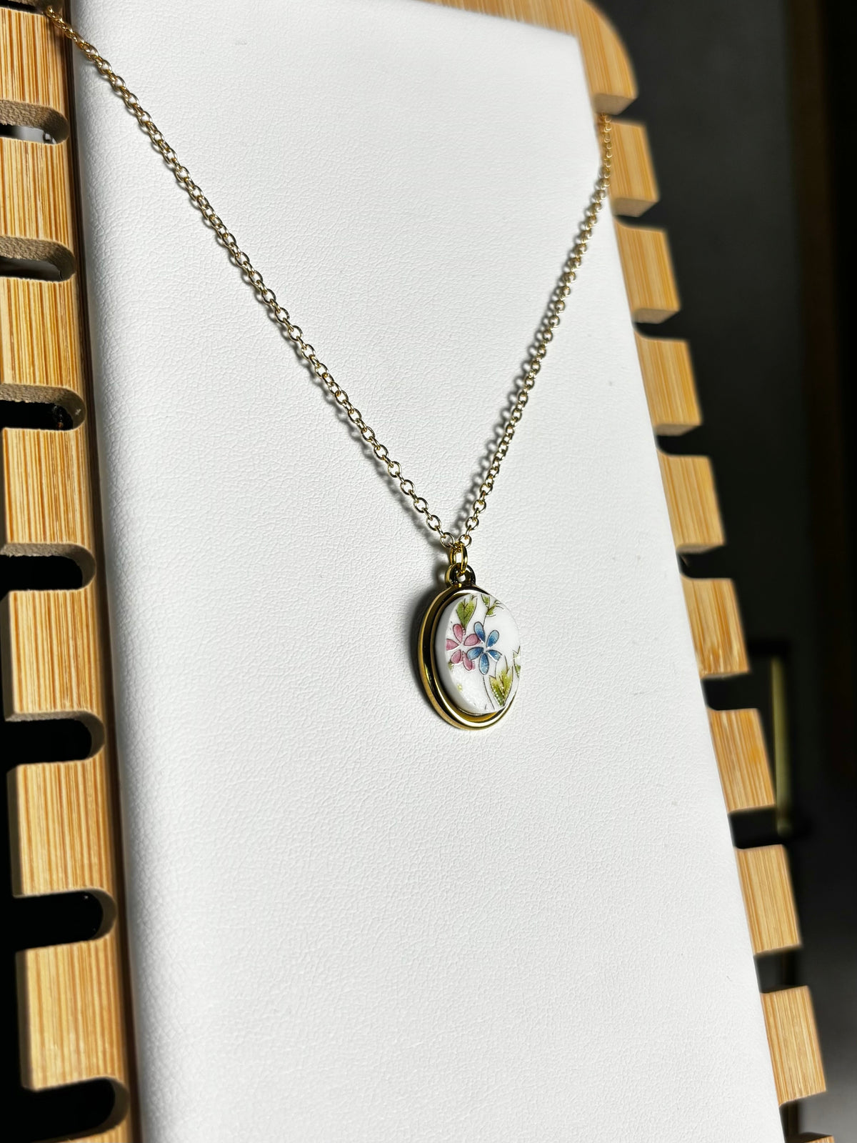 Pink & Blue Oval Flower | Mikasa Flower Mist China | Necklace No. 3