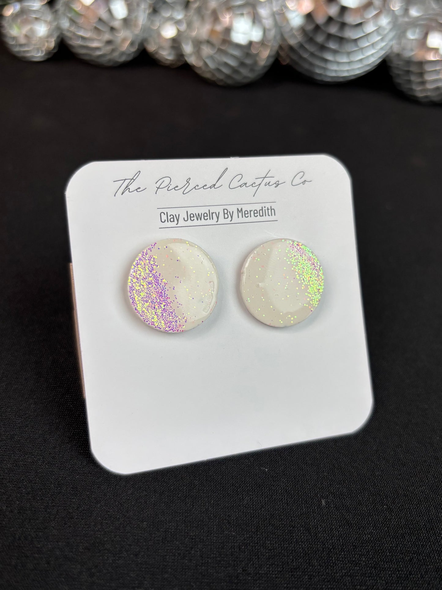 Large Opal Glittered Glossed White Stud