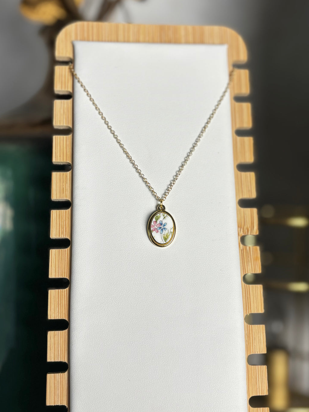 Pink & Blue Oval Flower | Mikasa Flower Mist China | Necklace No. 3