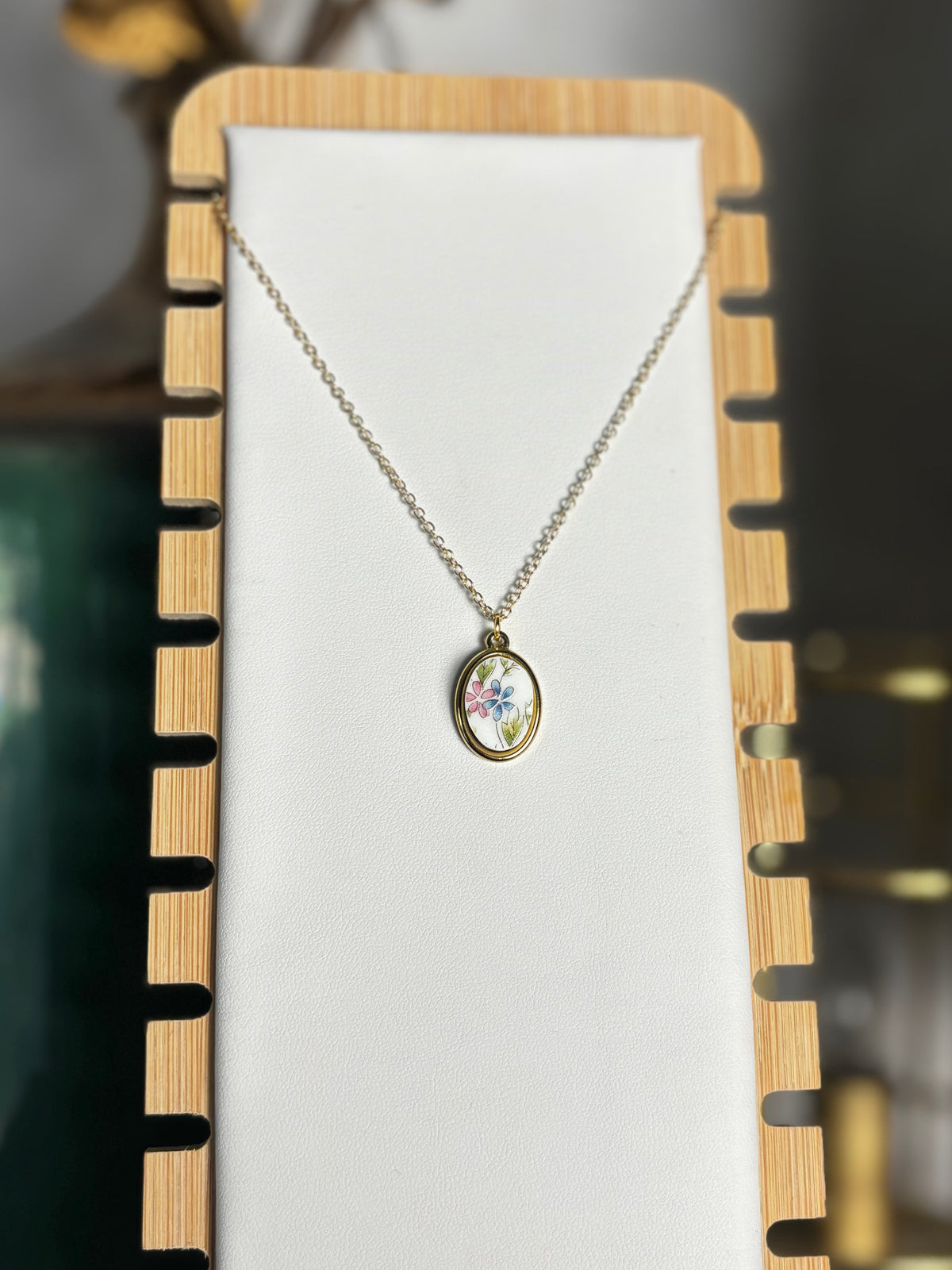 Pink & Blue Oval Flower | Mikasa Flower Mist China | Necklace No. 3