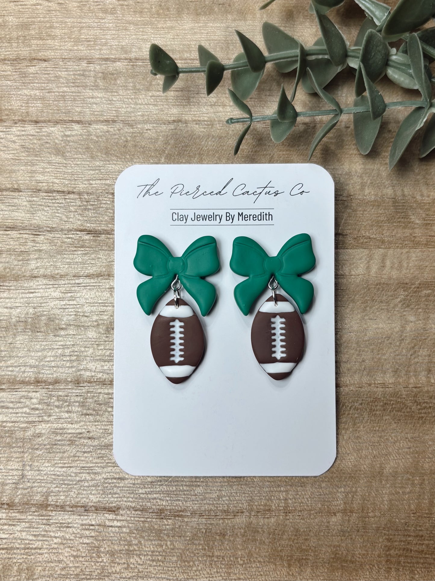 Football Bow Dangle Earrings – Handmade Clay Jewelry | The Pierced Cactus Co.