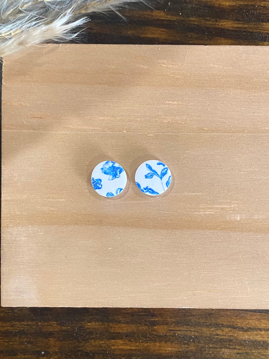 Small Blue Floral Print Stud