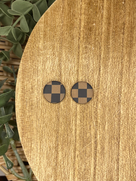Brown & Black Checkered Circle Studs