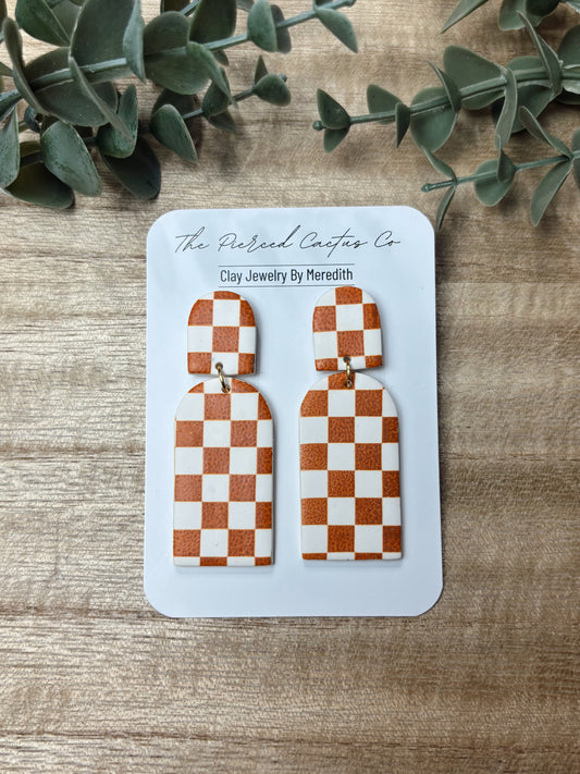 Burnt Orange Checkered Dangle Earrings – Handmade Clay Jewelry | The Pierced Cactus Co