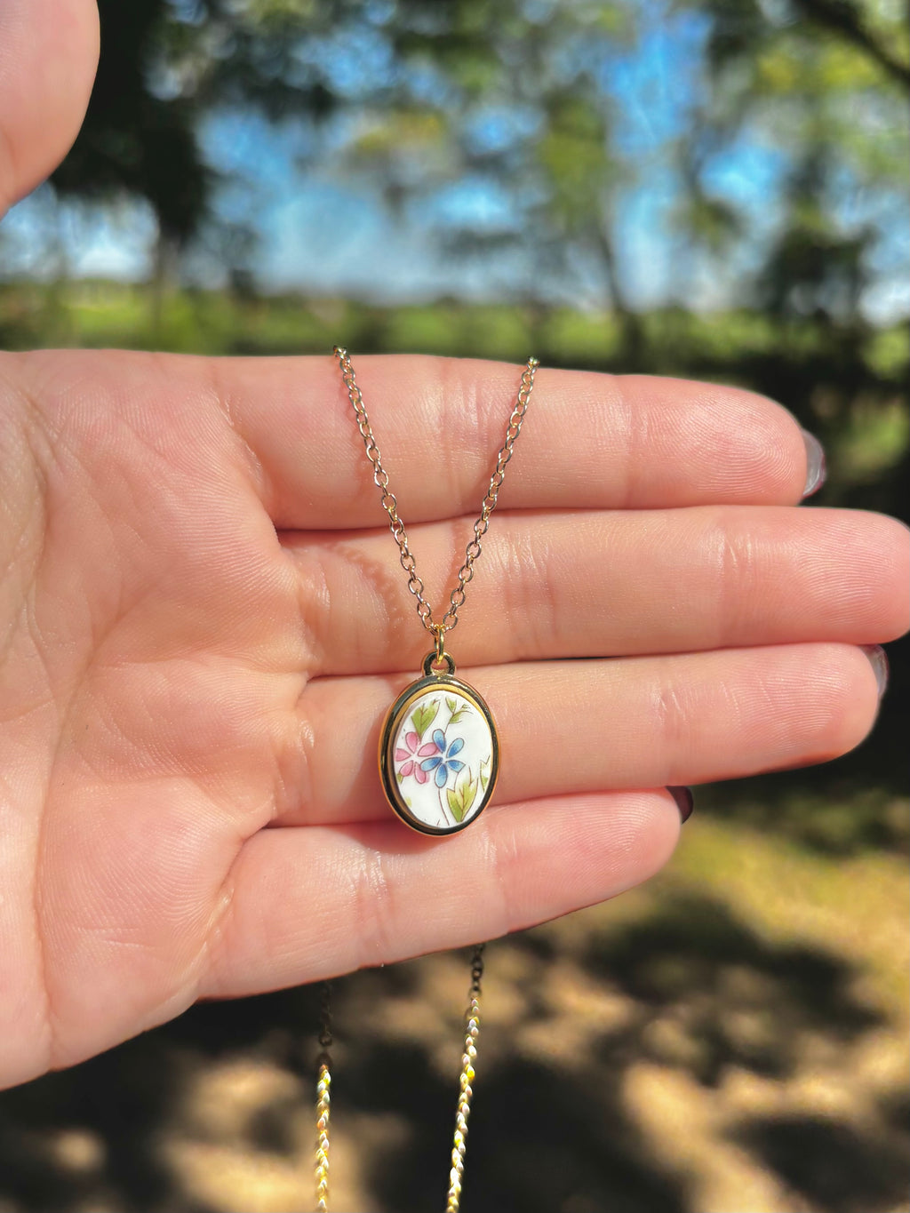 Pink & Blue Oval Flower | Mikasa Flower Mist China | Necklace No. 3