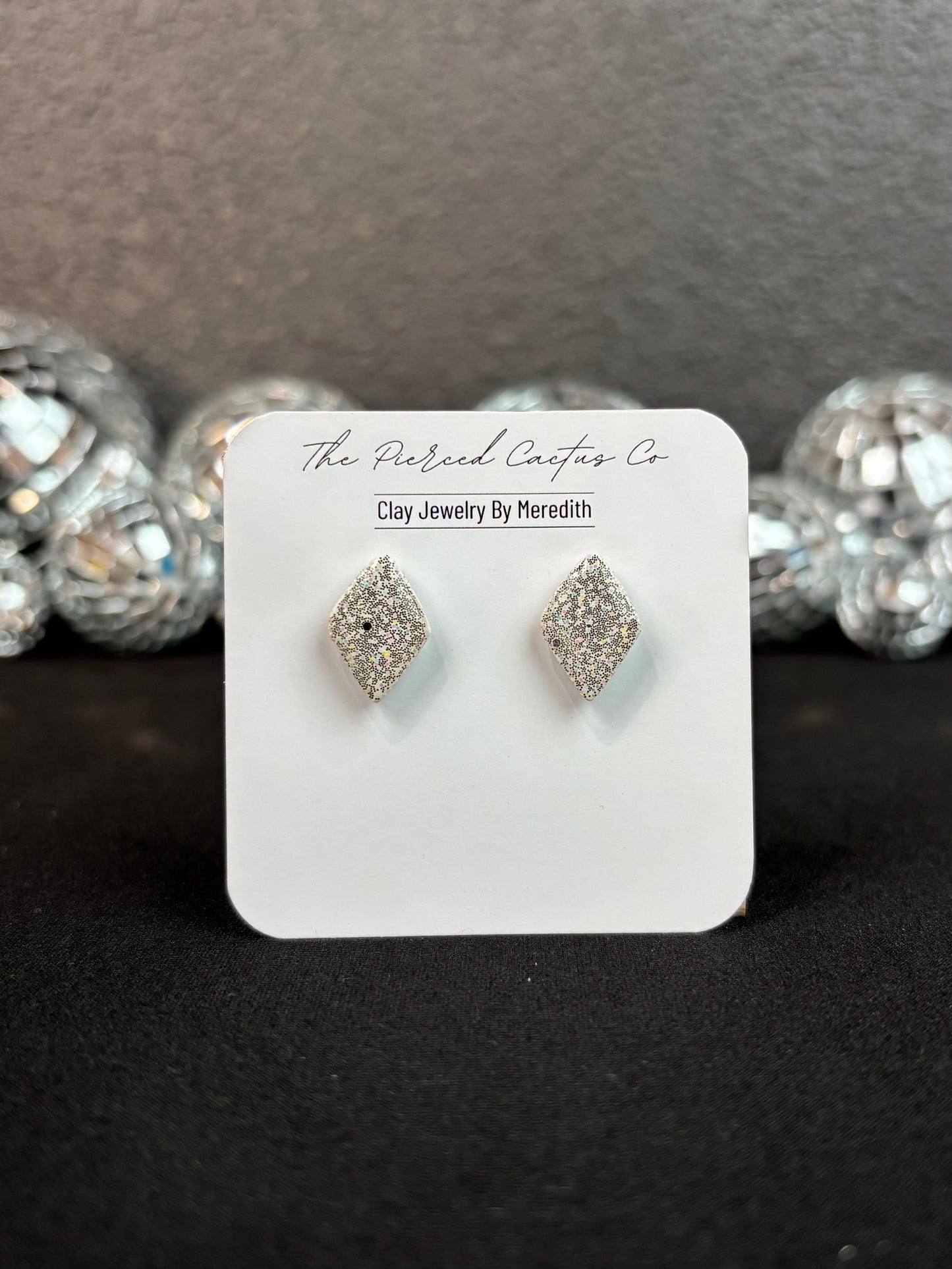 Glittered Glossed White Diamond Shaped Studs