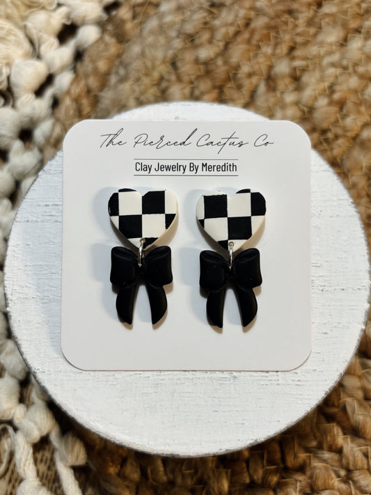 Black Checkered Heart & Bow Dangle