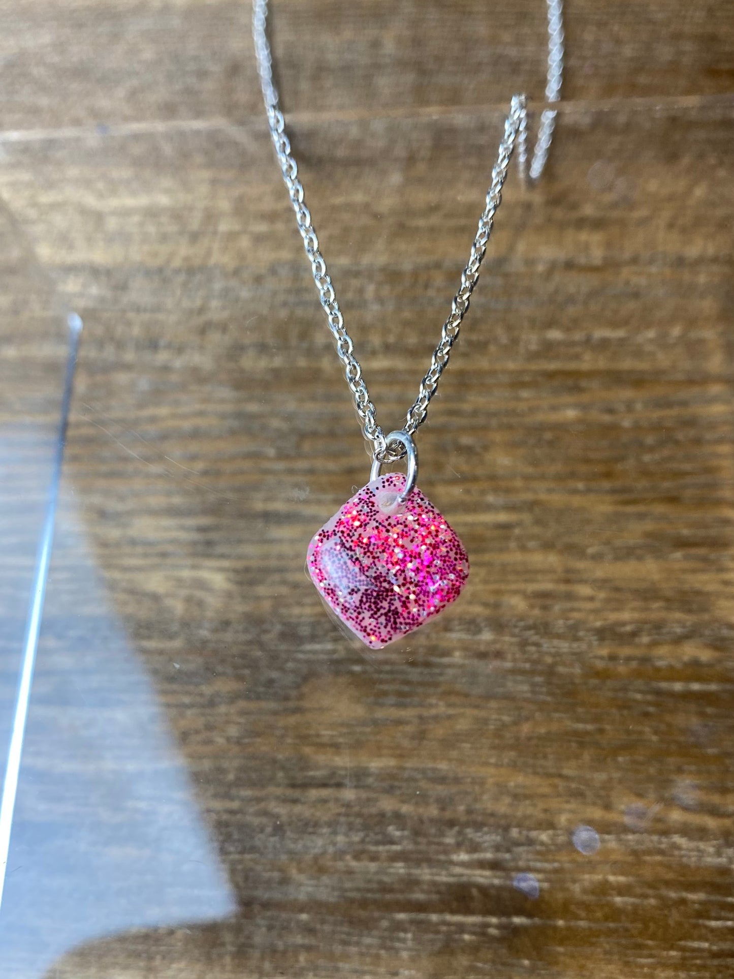 Pink Glittered Dainty Silver Necklace