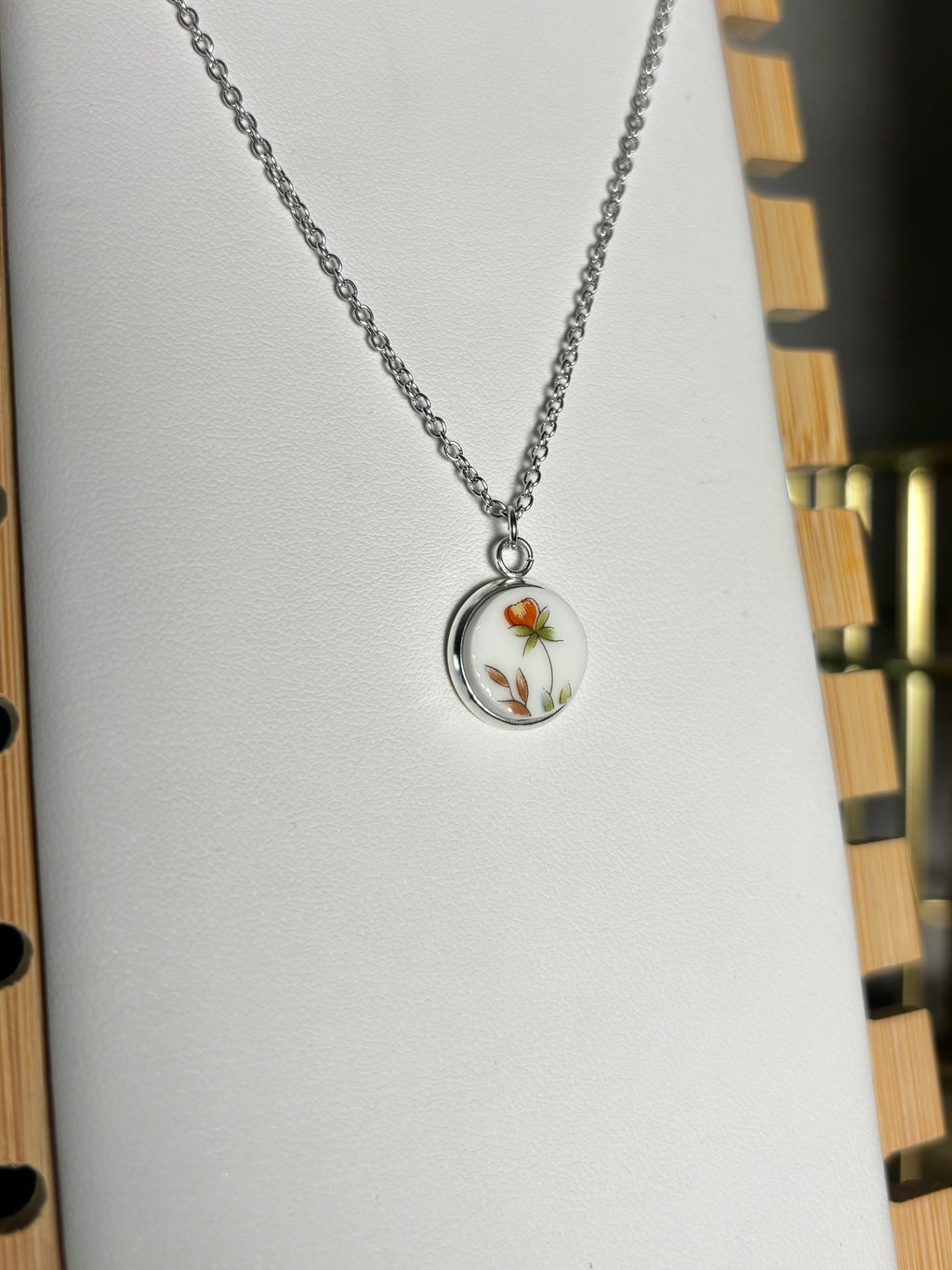 Pink Flower Stem Circle Flower | Mikasa Flower Mist China | Necklace No. 6