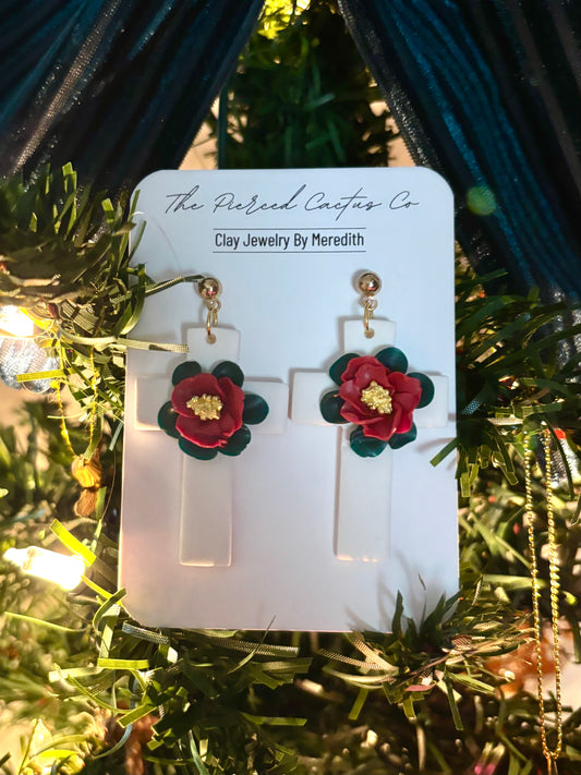 Floral White Cross Dangle