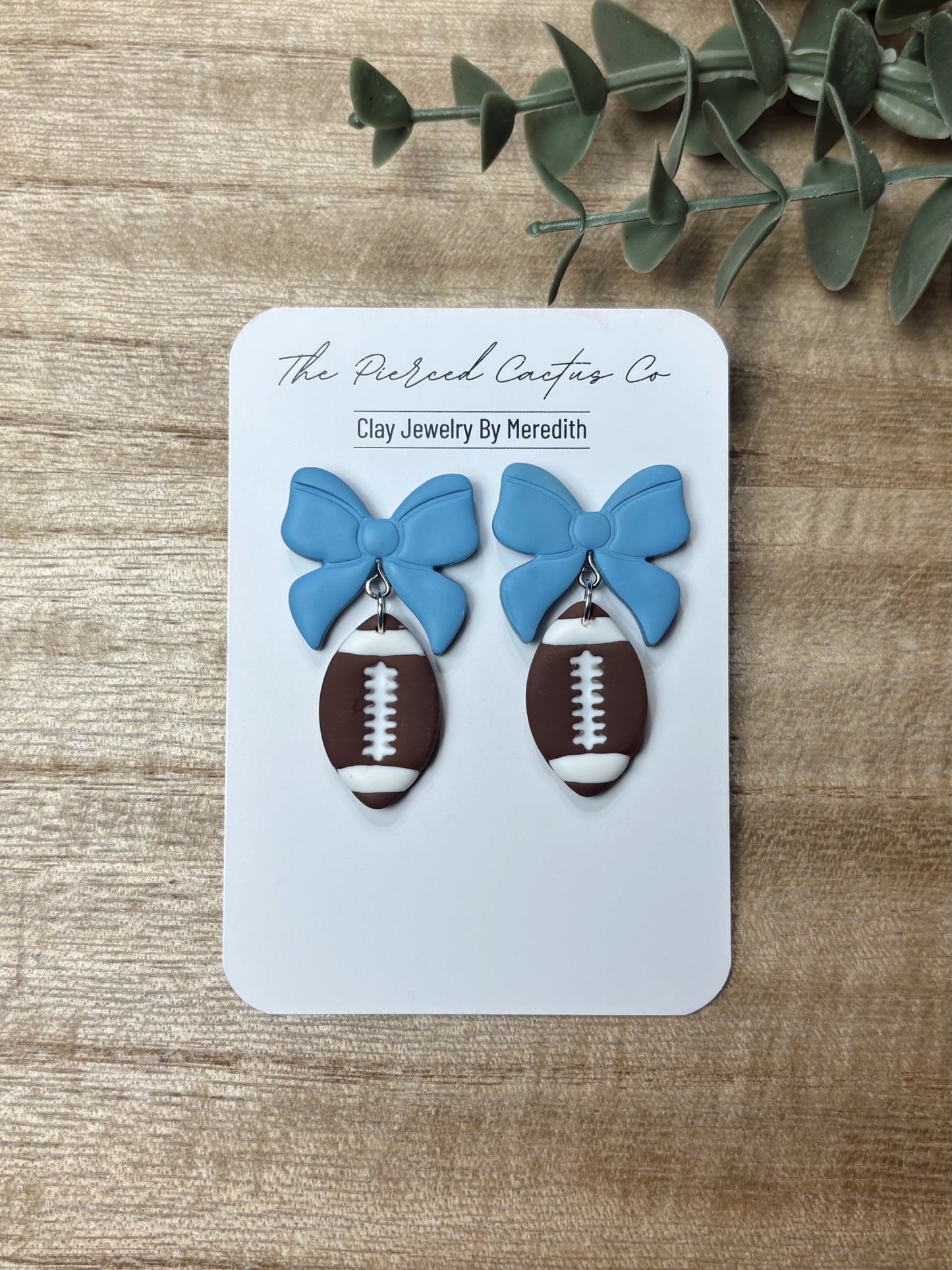 Football Bow Dangle Earrings – Handmade Clay Jewelry | The Pierced Cactus Co.