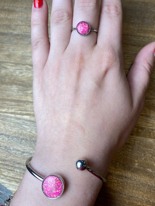 Pink Glittered Clay Adjustable Ring | Large Silver