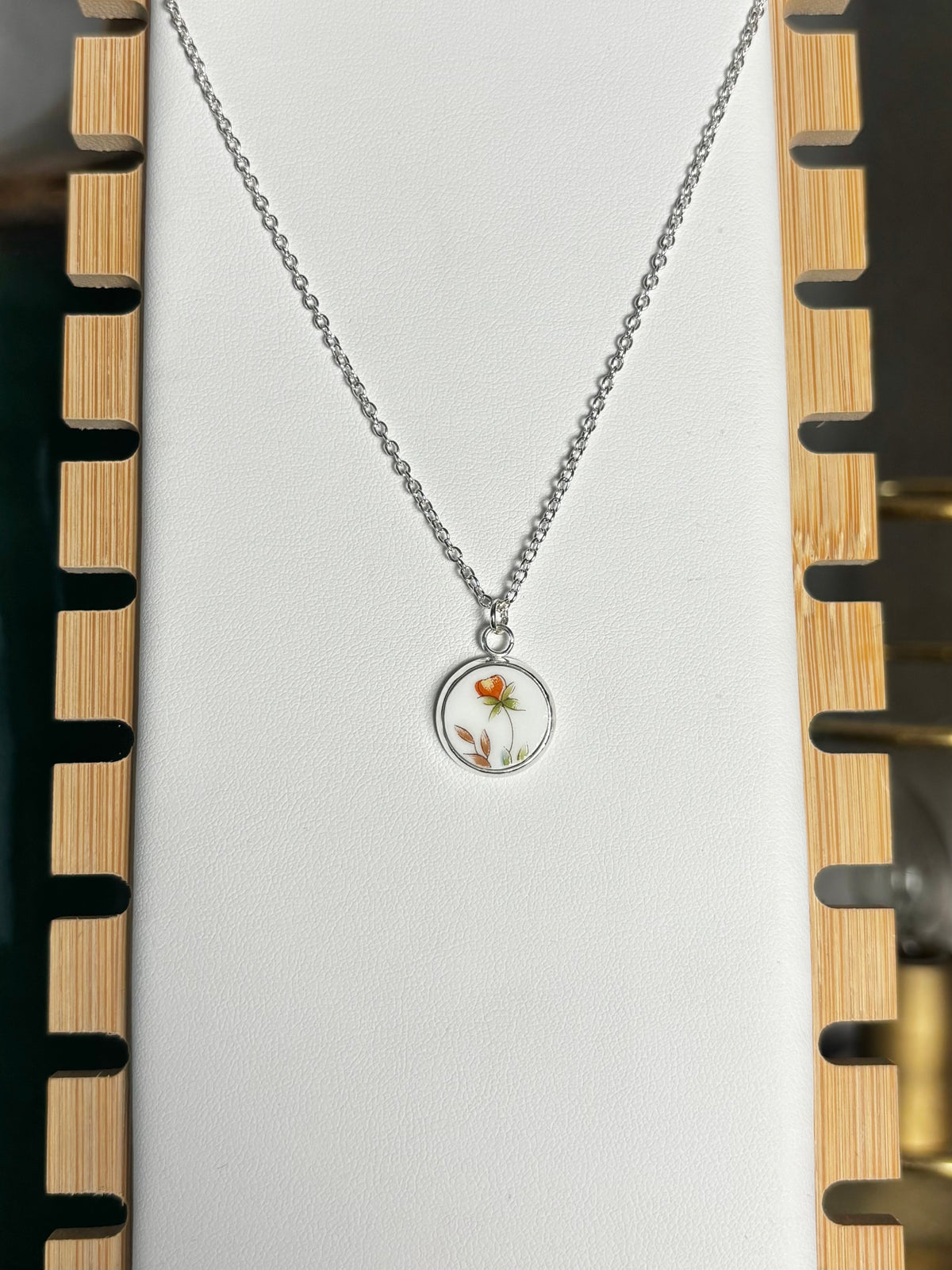 Pink Flower Stem Circle Flower | Mikasa Flower Mist China | Necklace No. 6
