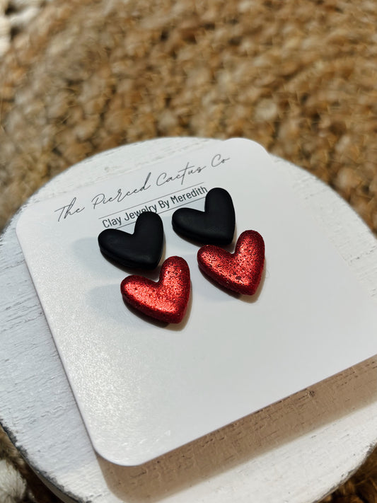 Black & Red Glittered Heart Stud Pack