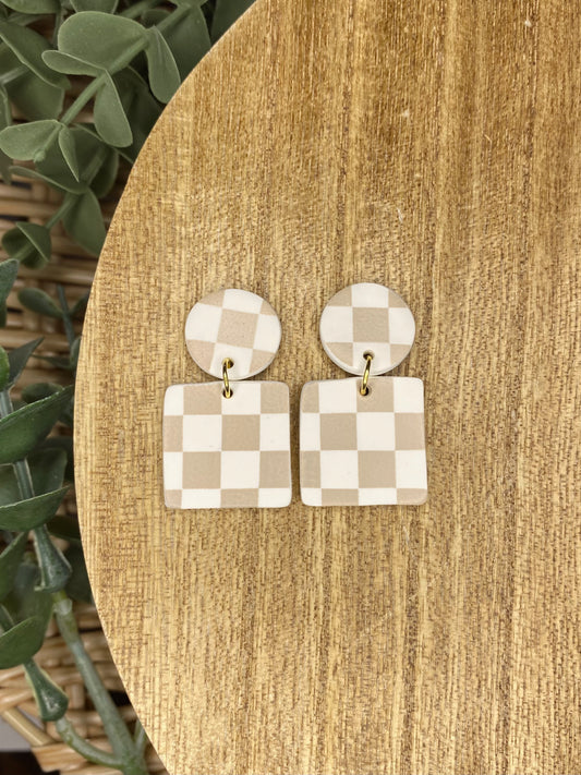 Tan & White Checkered Square Dangle