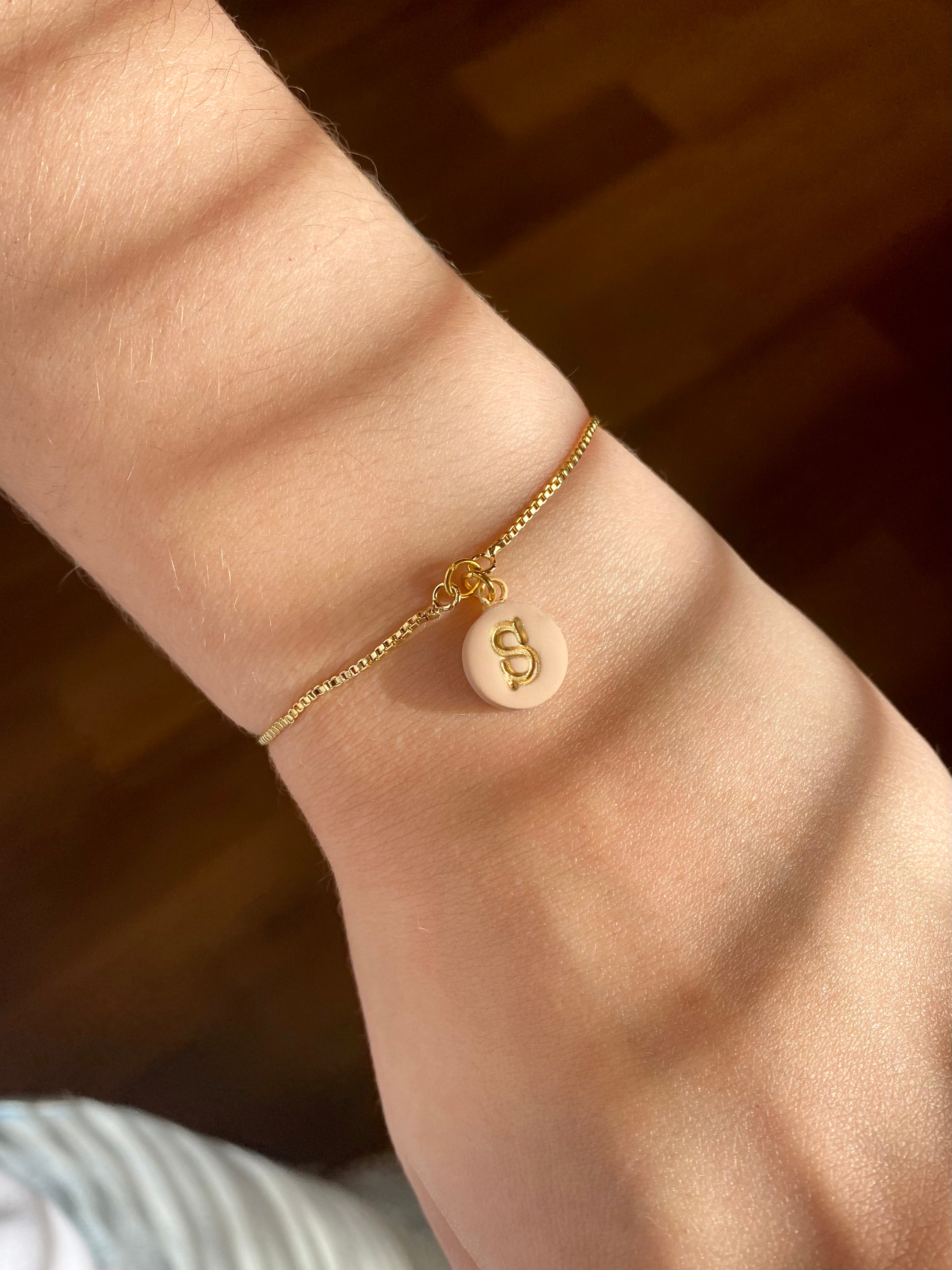 Dainty Cream & Gold Initial Adjustable Bracelet