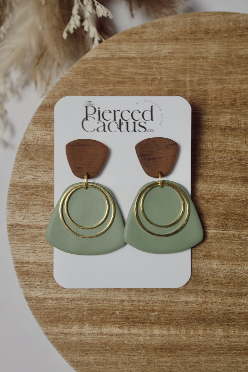 Faux Wood, Sage Green & Gold Dangle