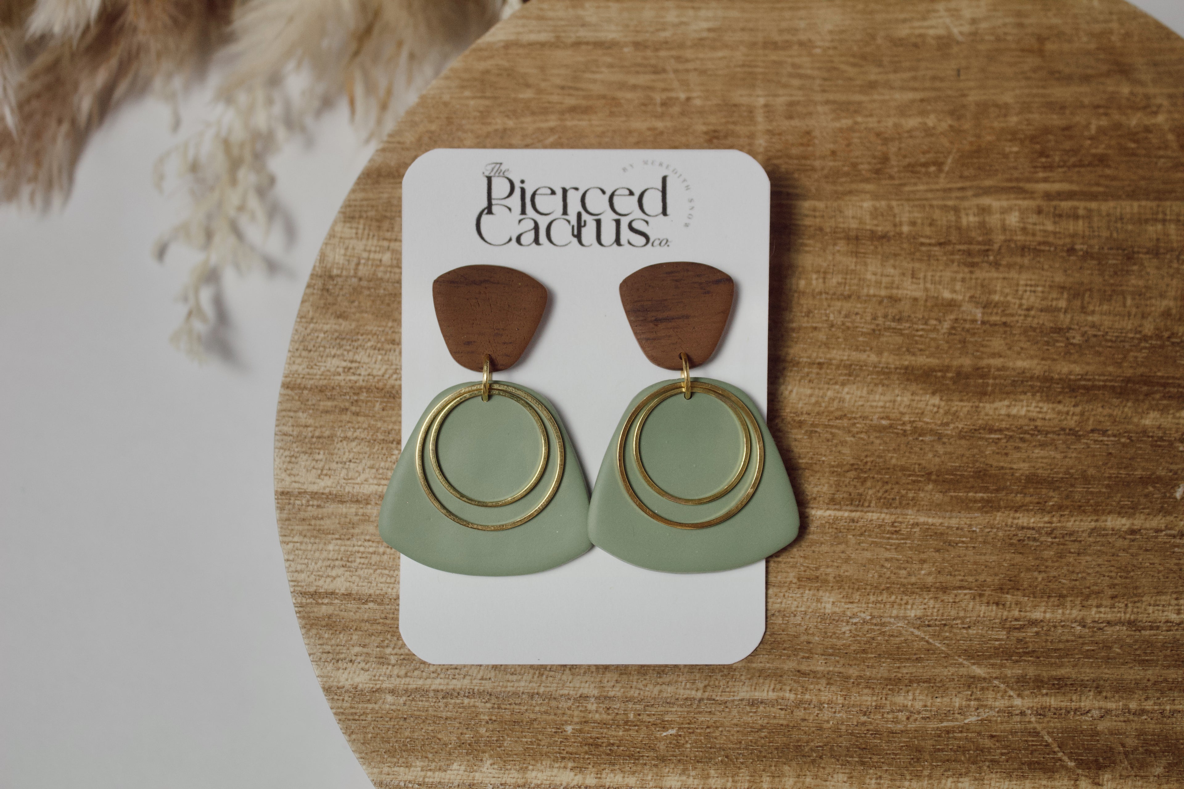 Faux Wood, Sage Green & Gold Dangle