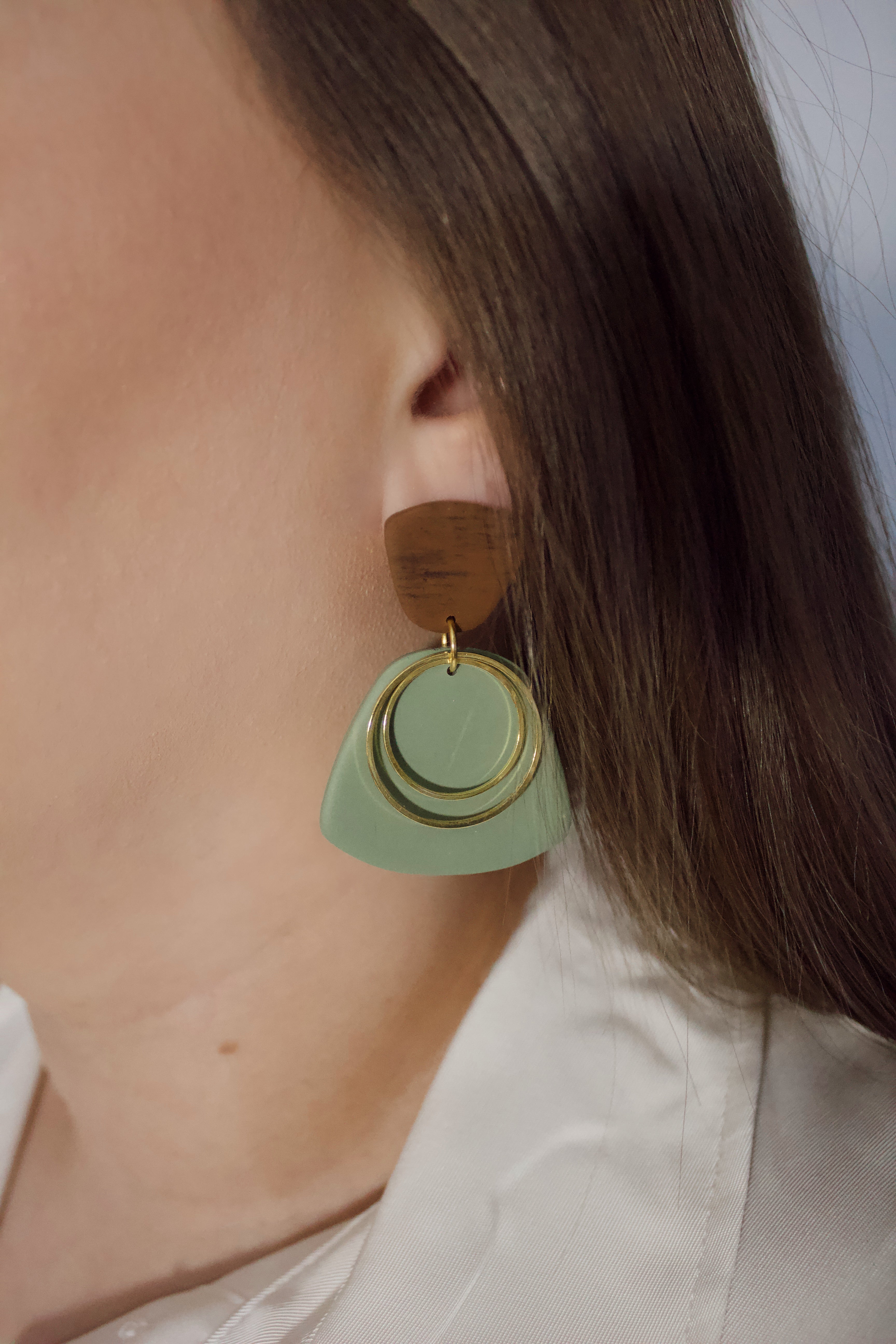 Faux Wood, Sage Green & Gold Dangle