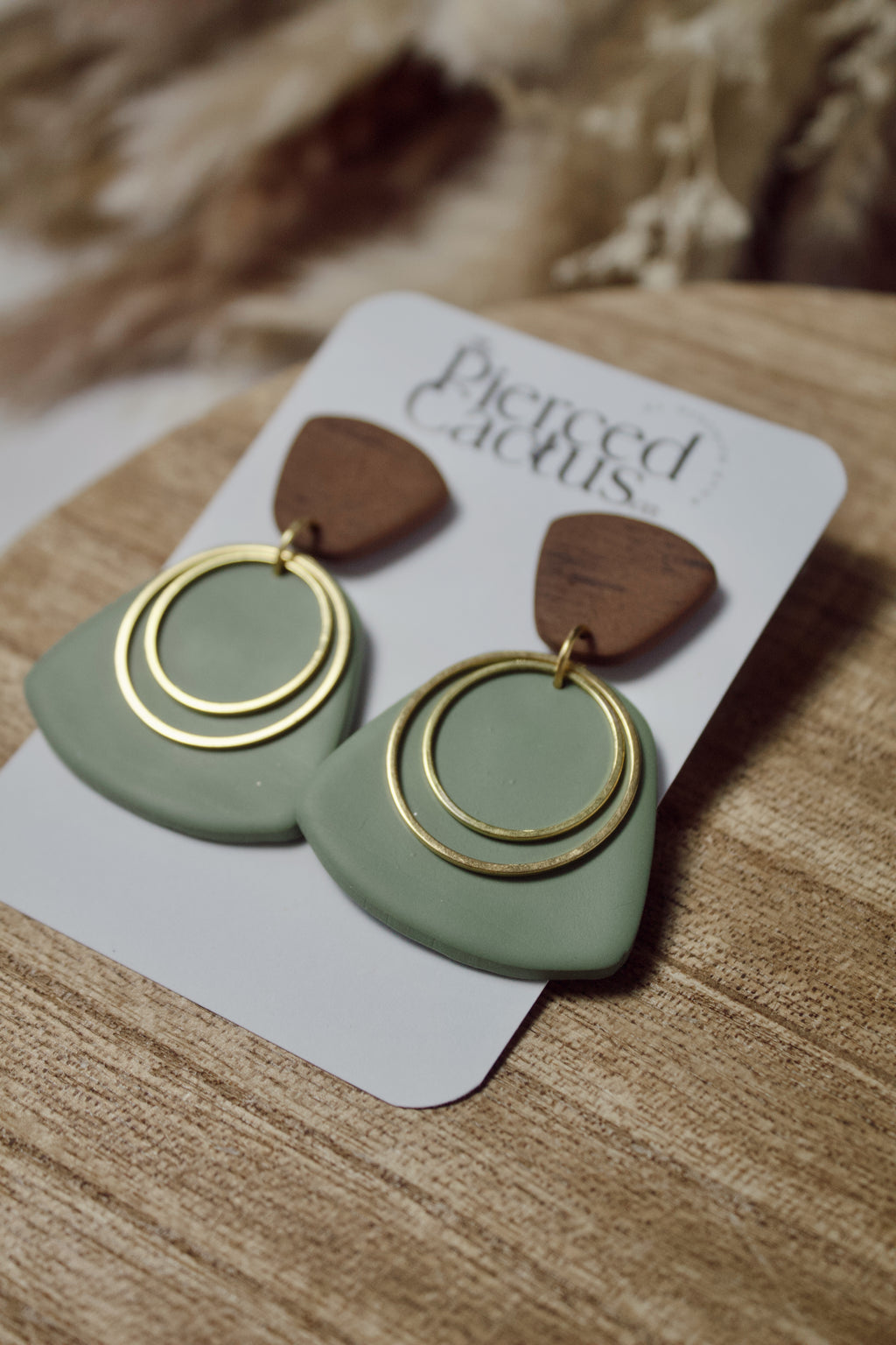 Faux Wood, Sage Green & Gold Dangle
