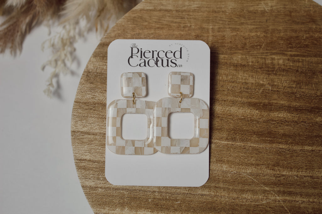 Translucent Marbled White Checkered Square Dangle